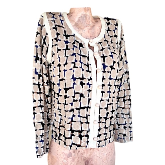 NIC+ ZOE Sweaters - COPY - Nic + Zoe Time Abstract Square Navy/Cream Pattern Print Shrug Size L